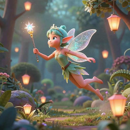 Digital CGI fairy with green hair, sparkly wings, and leaf dress, holding a glowing wand, flying through a magical forest with glowing lanterns.