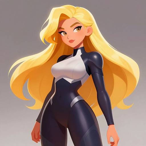Digital anime-style drawing of a blonde woman with long hair, wearing a black and white form-fitting suit, standing confidently against a gray gradient background.