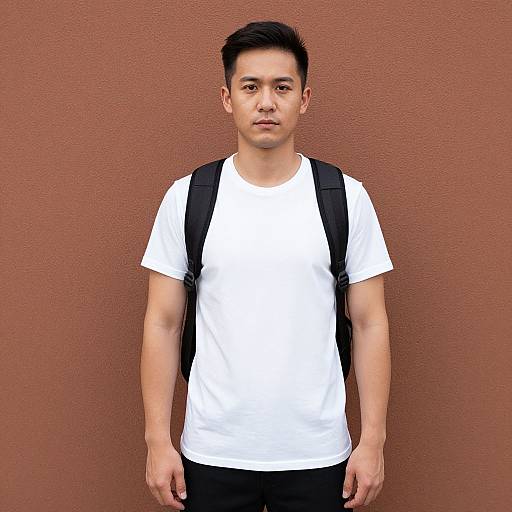 Photograph of an Asian man with short black hair, wearing a white t-shirt, black backpack, and black pants, standing against a textured brown wall