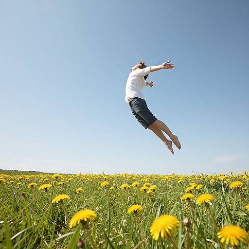 Photograph of a person in a white shirt and blue shorts joyfully jumping in a vibrant yellow daisy field under a clear blue sky.