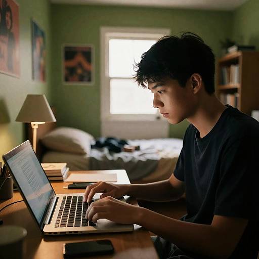 Focused Teen Boy at Cluttered Desk