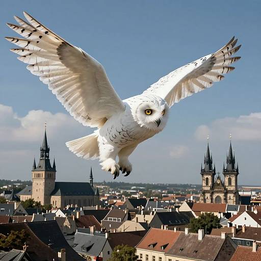 Majestic Colossal White Owl Over Medieval City