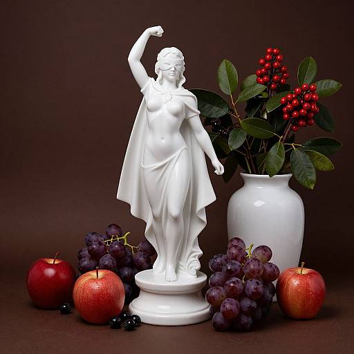 Photograph of a white classical statue with raised arm, surrounded by red apples, dark grapes, blackberries, and a white vase with red berries.