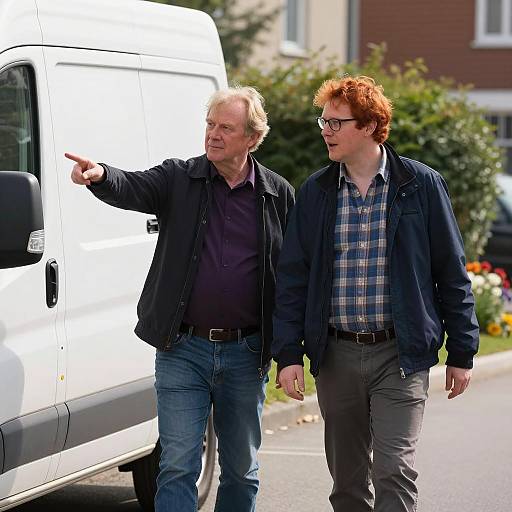 Two Men Walking Beside a Van
