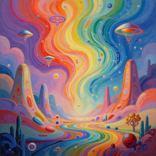 Vibrant, surreal digital painting of a colorful, swirling galaxy landscape with rainbow skies, floating orbs, and alien-like mountain structures.