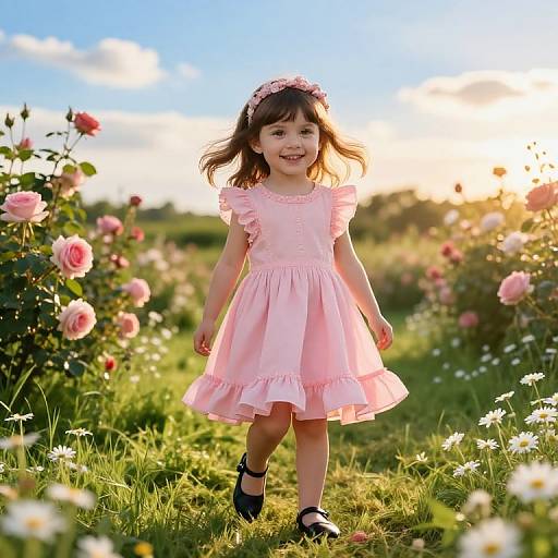 Photograph of a smiling young girl in a pink dress and flower headband, walking through a sunlit, blooming rose garden.