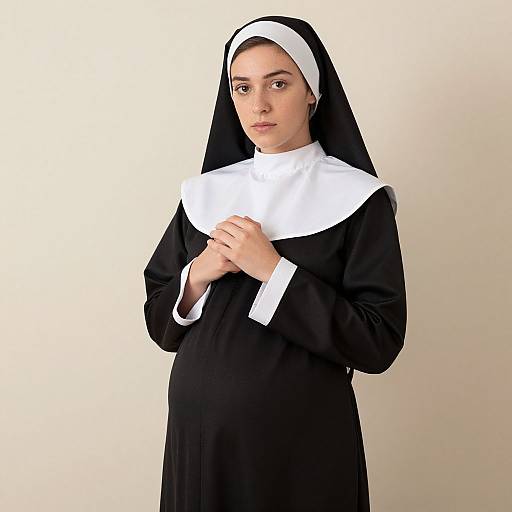 Photograph of a pregnant woman in a traditional black and white nun's habit, standing against a plain beige background, with hands clasped near her chest