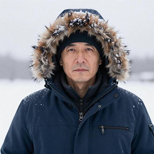 Middle-aged man in fur-lined winter coat in snow
