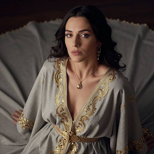 Photograph of a woman with dark wavy hair, wearing an elegant, deep V-neck, gold-embroidered, gray robe, and gold