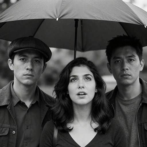 Serious Trio Beneath an Umbrella