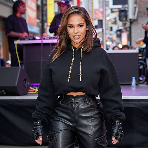 Photograph of a confident woman with long brown hair, wearing a black hoodie and high-waisted leather pants, standing on a brightly lit urban stage