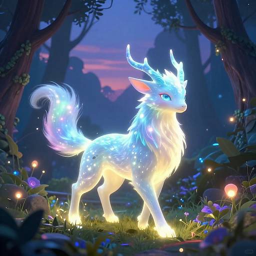 Digital artwork of a glowing, ethereal, blue and white mythical creature with antlers, standing in a magical forest at twilight, surrounded by fireflies