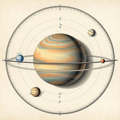 Detailed, digital illustration of Jupiter's orbit with five planets: Jupiter, blue Earth, orange Saturn, brown Uranus, and red Mars, marked on