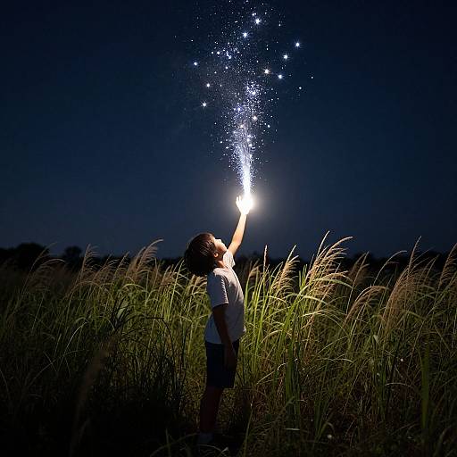 Photograph of a woman with short dark hair, wearing a white tank top, standing in tall grass at night, creating sparkling stars with a glowing wand