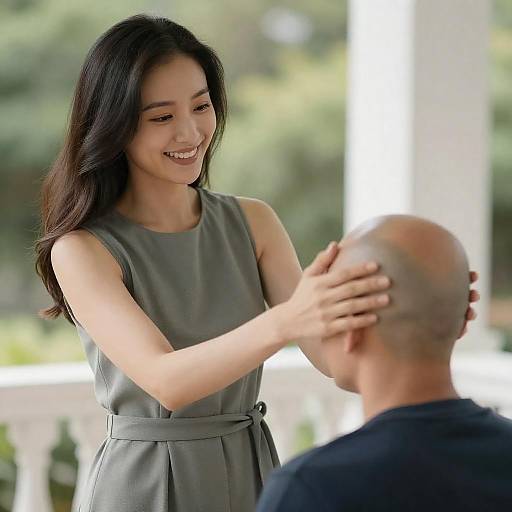 Tender Moment: Woman Touching Man's Head