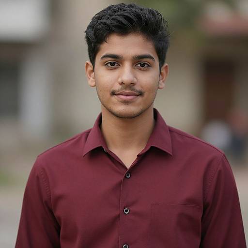 Photograph of a young South Asian man with medium skin tone, short black hair, brown eyes, wearing a maroon button-up shirt, standing outdoors
