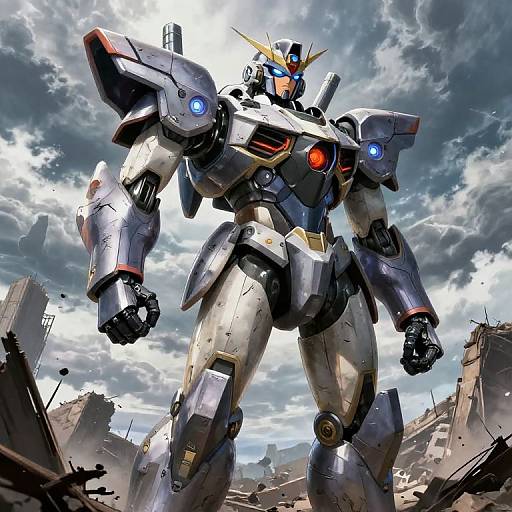 Digital artwork of a towering, silver and blue humanoid mecha with glowing red and blue eyes, standing amid a ruined cityscape under a dramatic, cloudy
