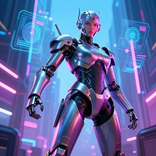 CGI image of a silver, futuristic, humanoid robot with glowing blue neon accents, standing in a neon-lit, cyberpunk cityscape.