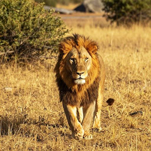 Photograph of a majestic male lion with a dark mane walking through a sunlit, golden grassy savanna, with bushes in the background.