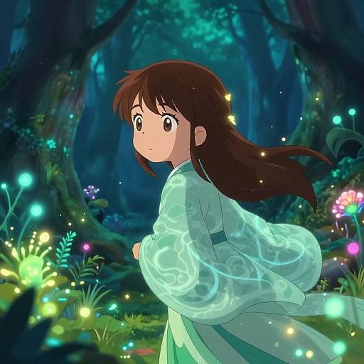 Anime-style drawing of a brown-haired girl in a glowing, translucent kimono in a magical forest with bioluminescent flowers and fireflies.