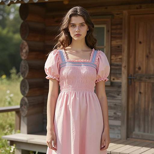 Young Woman in Pink Dress by Wooden Cabin