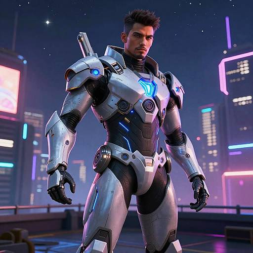 Photorealistic CGI of a muscular man in futuristic silver and black armored suit with glowing blue emblem, standing in neon-lit cityscape.