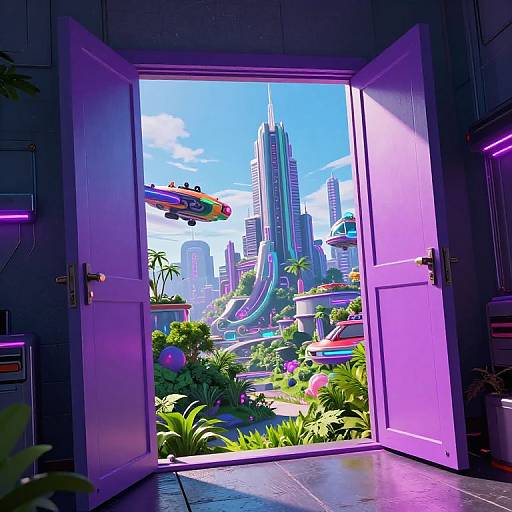 Vibrant CGI image: open purple door reveals futuristic cityscape with towering skyscrapers, lush greenery, colorful flying car, bright blue sky