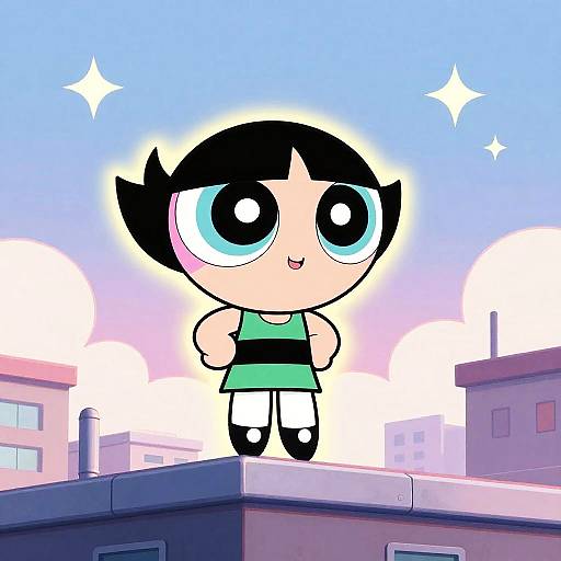 Digital cartoon of a chibi-style girl with black hair and large blue eyes, wearing a green top and white pants, standing on a rooftop against a