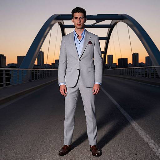 Photograph of a handsome man in a light grey suit, blue shirt, brown shoes, standing on a bridge at sunset with city skyline in the background