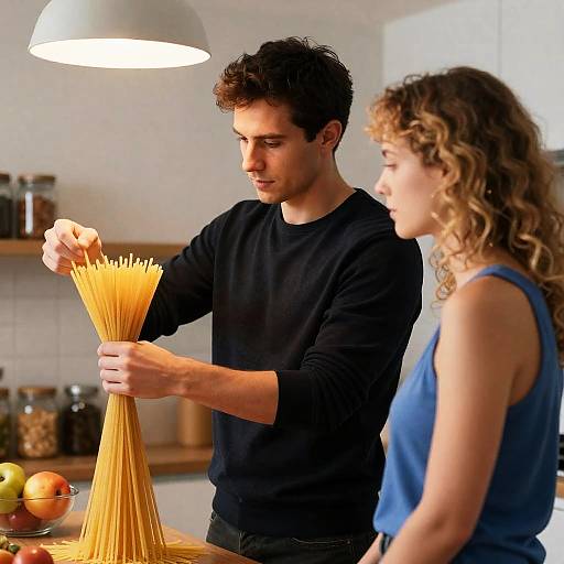 Man Tying Spaghetti in Kitchen