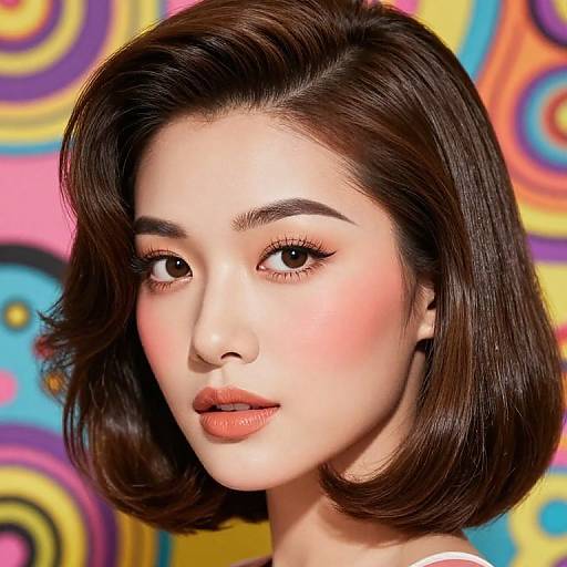 Digital portrait of a young Asian woman with shoulder-length, glossy brown hair, pink blush, and orange lipstick, set against a vibrant, colorful, circular