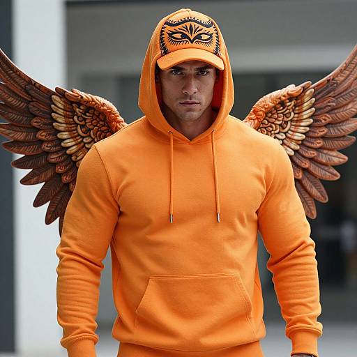 Photograph of a muscular man in an orange hoodie with angel wings and matching cap, standing outdoors with a serious expression.