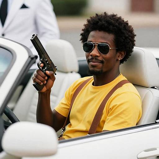 Confident Man in Convertible with Gun
