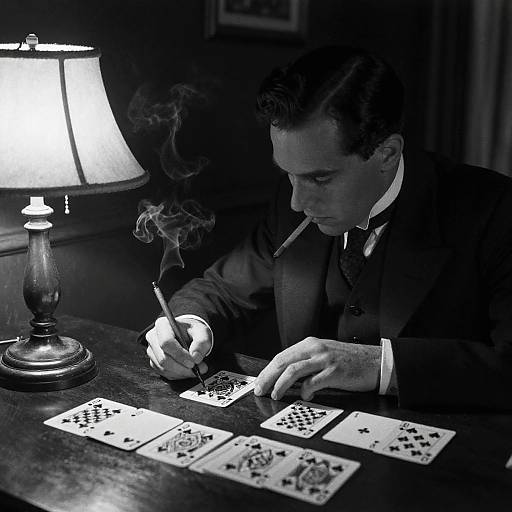 Black and white photograph of a pensive man in a suit, smoking a cigar while playing cards at a dark wooden table. Lamp emits soft light,