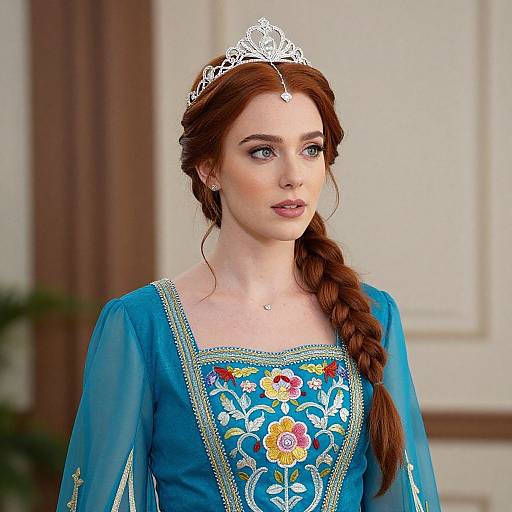 Photograph of a fair-skinned woman with red hair in a braid, wearing a blue floral dress and white tiara, looking to the side