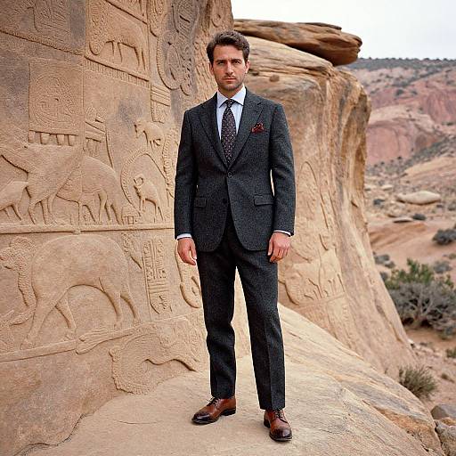 Photograph of a handsome, dark-haired man in a black suit, white shirt, and polka-dot tie, standing in front of ancient Egyptian rock