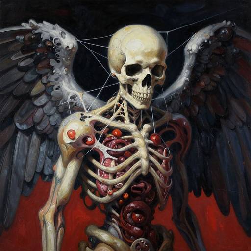 Digital art of a skeletal figure with gray wings, red organs, and glowing red eyes against a dark red and black background.