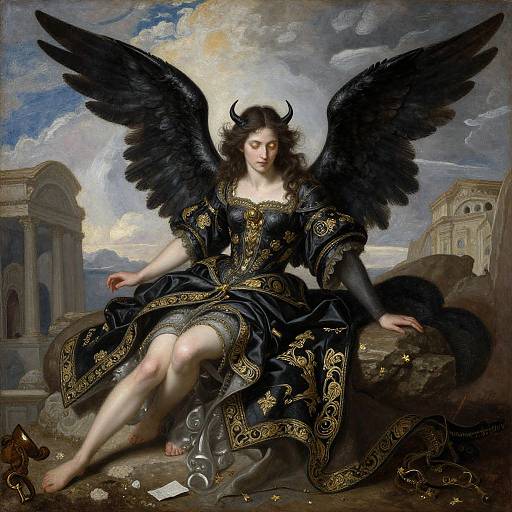 Digital painting of a dark-haired, winged angel with black feathers, wearing an ornate black and gold dress, sitting on a rock against a cloudy