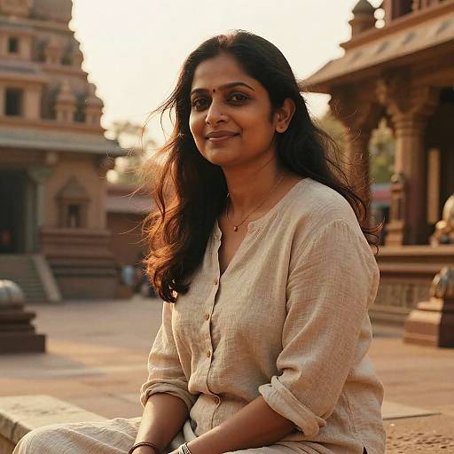 Photograph of a smiling Indian woman with long dark hair, wearing a beige cotton kurta, sitting in a sunlit, historic temple courtyard.