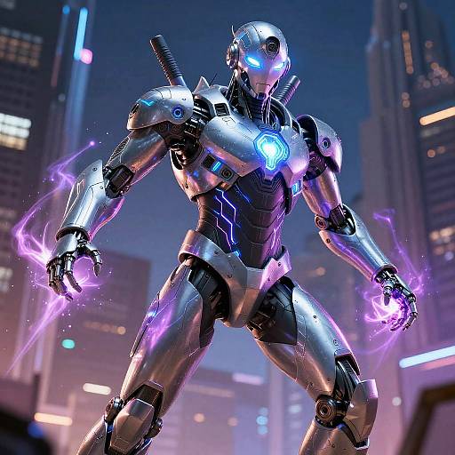 CGI image of a glowing, metallic, cybernetic warrior with blue and purple energy emanating from hands and chest, standing in a futuristic city