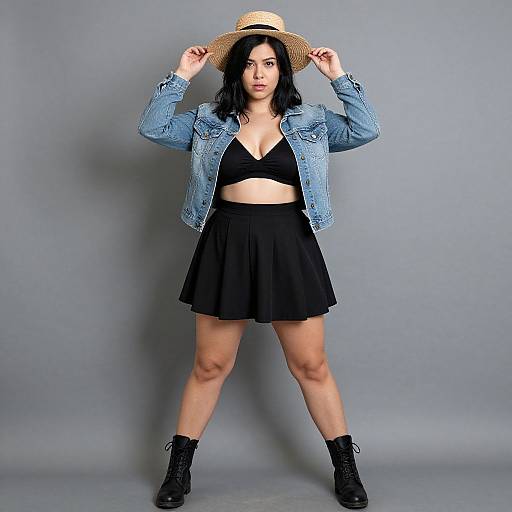 Photograph of a young woman with medium skin tone, black hair, wearing a straw hat, denim jacket, black bralette, skirt, and black