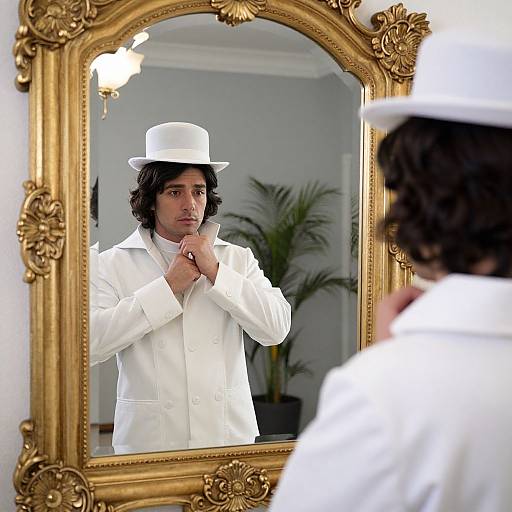 Photograph of a man with dark hair, white suit, and white hat, standing before an ornate gold-framed mirror, adjusting his hat,