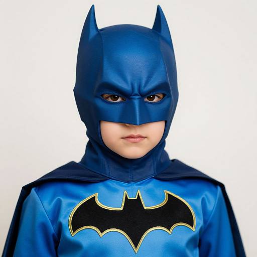 Photograph of a young child in a blue Batman costume with a black bat emblem, blue cowl, and serious expression.