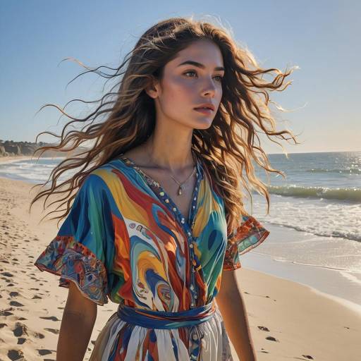 Colorful Hair on a Serene Beach Colorful Hair on a Serene Beach