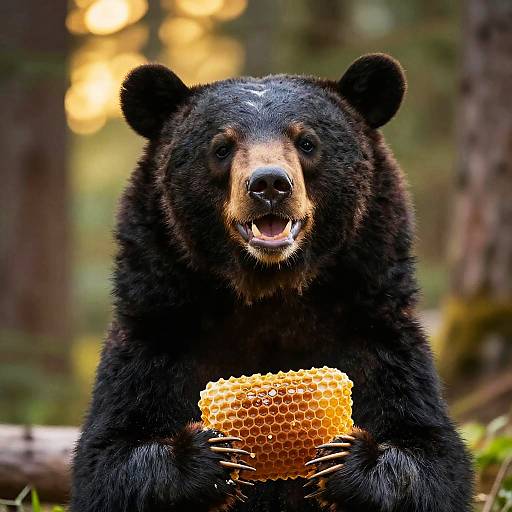 Content Smiling Black Bear with Honeycombs