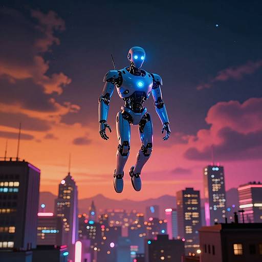 Digital artwork: Blue, glowing humanoid robot floating above a neon-lit cityscape at sunset, with colorful skyscrapers and vibrant, orange-purple sky