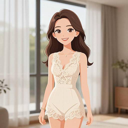 Digital anime-style drawing of a smiling woman with long brown hair, wearing a white lace romper, standing in a bright, sunlit room.