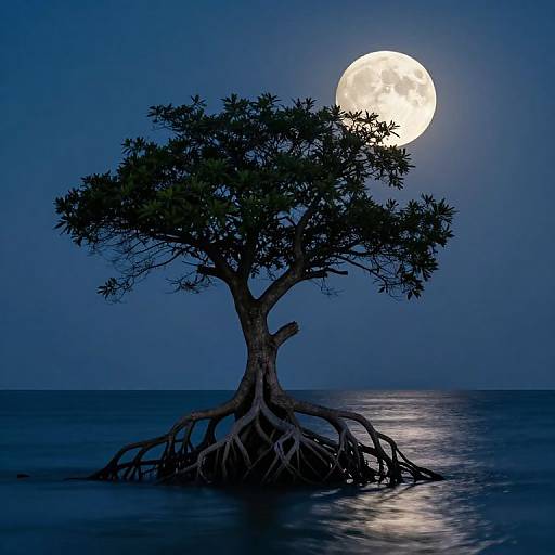 Photograph of a solitary, gnarled tree with exposed roots standing in calm ocean water, silhouetted against a bright full moon in a
