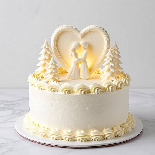 Photograph of a white wedding cake with heart-shaped topper featuring a couple, surrounded by lit candles and pine trees, decorated with piped cream ro