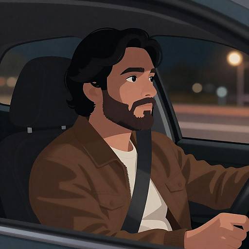 Focused Bearded Man Driving at Night